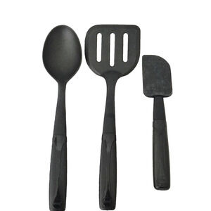 Food Network Black Silicone Slotted Turner Spatula Spoon Serve Utensil Set Of 3